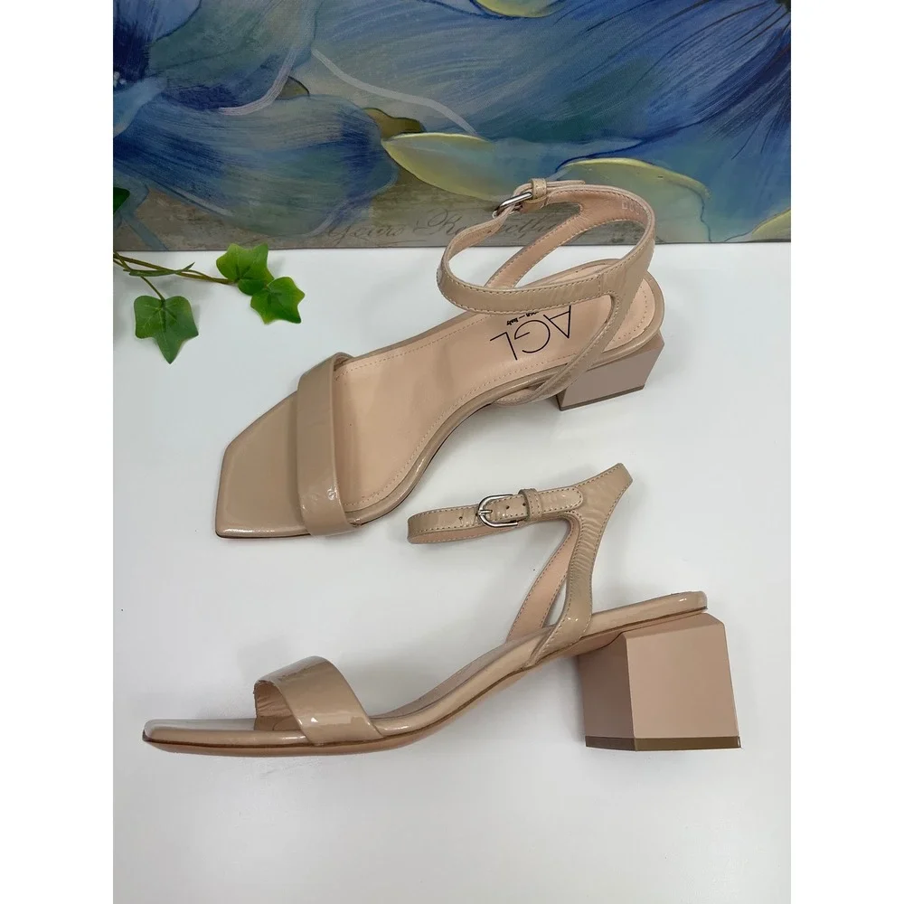 AGL Nude Patent Leather Square Toe Block Heel Sandals Size 39 / US 9